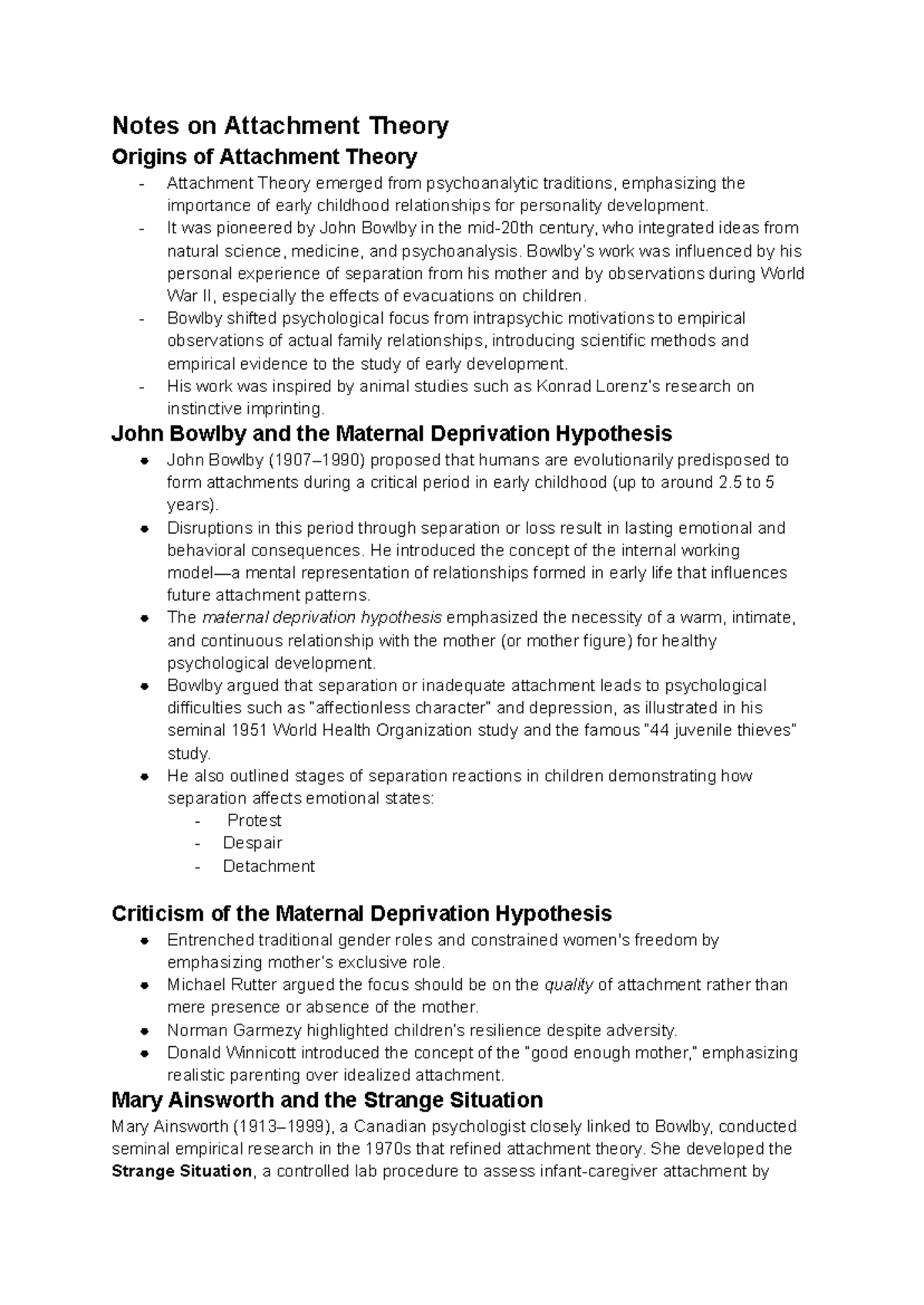 Psych 207 M1 Final Exam Notes on Attachment Theory - Studocu