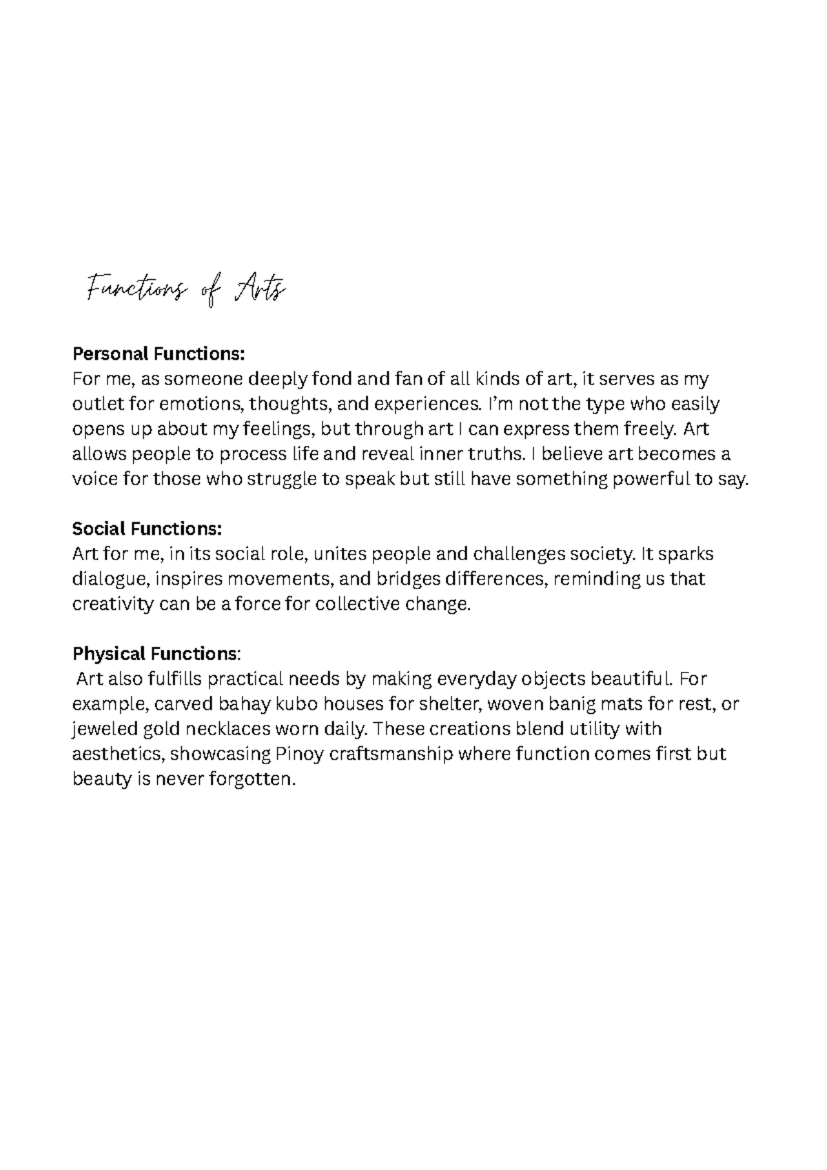 Functions of Arts: Personal, Social, and Physical Roles - Studocu