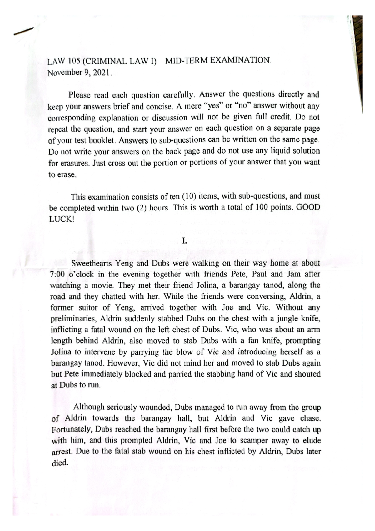LAW 105 Midterm Study Guide - Criminal Law I Examination Review - Studocu