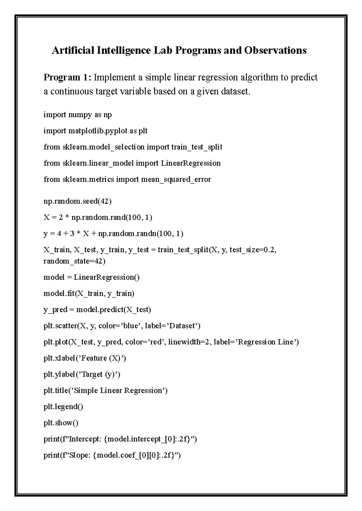 AI Lab Programs & Observations: Linear Regression, SVM, Decision Trees ...