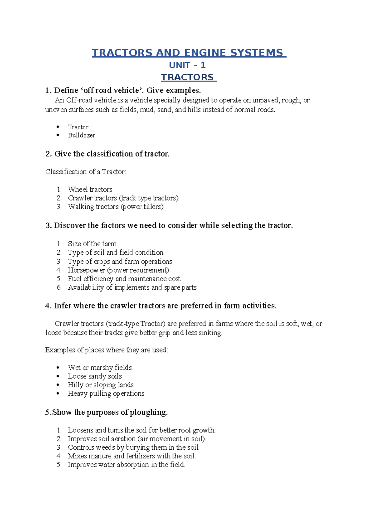 TES UNIT IV: Tractors and Engine Systems Overview and Key Concepts ...
