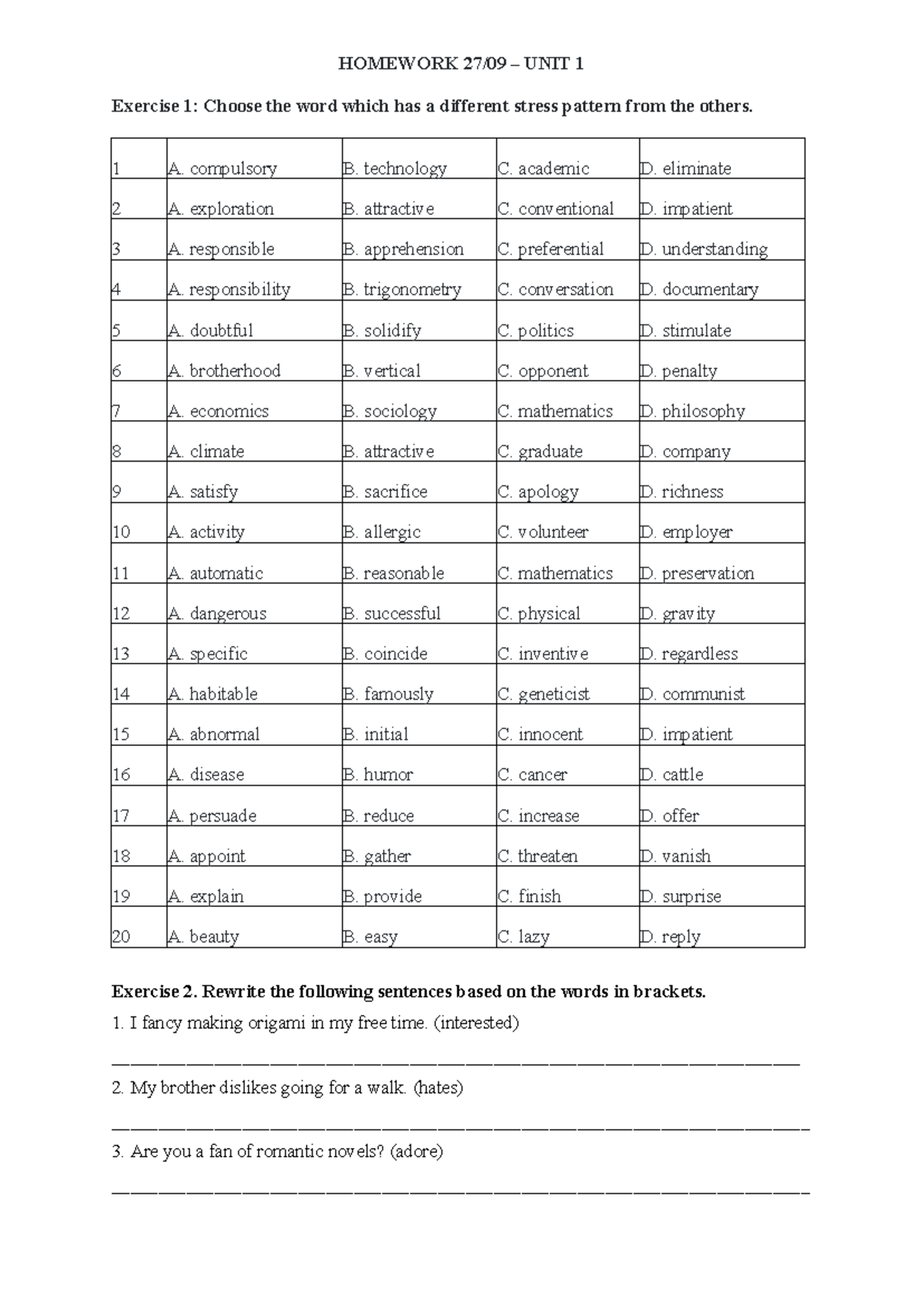 Homework Unit 1: Stress Patterns and Sentence Rewriting Exercises - Studocu
