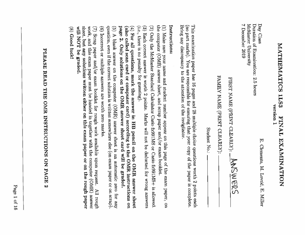 MATH 1LS3 FINAL EXAMINATION - 7 DECEMBER 2019 - Studocu