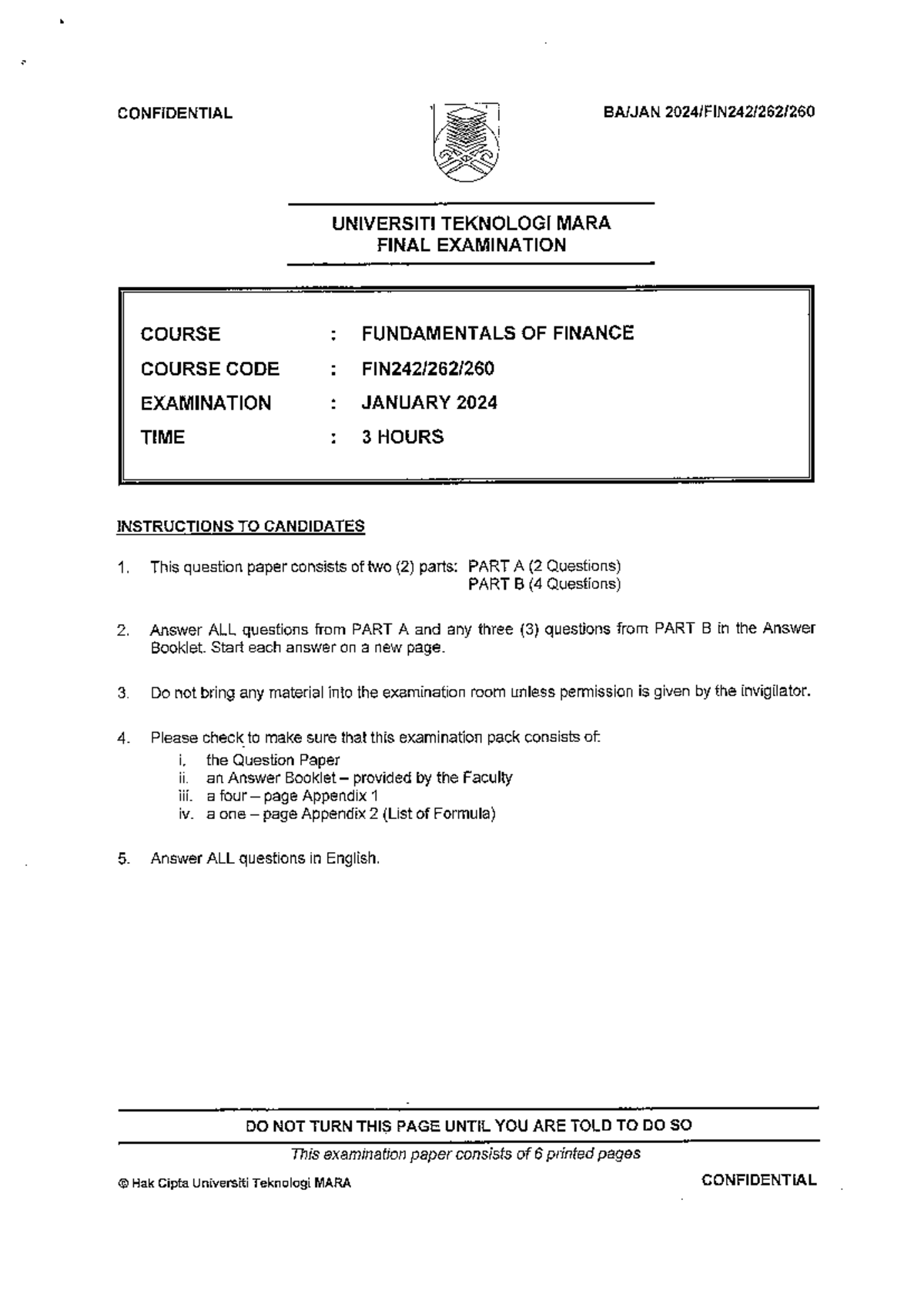 FIN242 Final Exam Questions - Fundamentals of Finance January 2024 ...