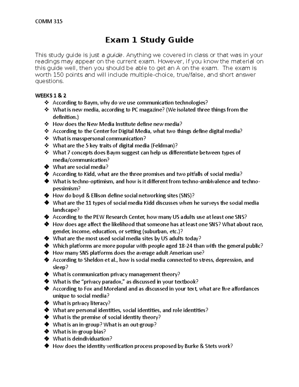 C315 - SP22 Exam 1 Study Guide on Communication & Media - Studocu