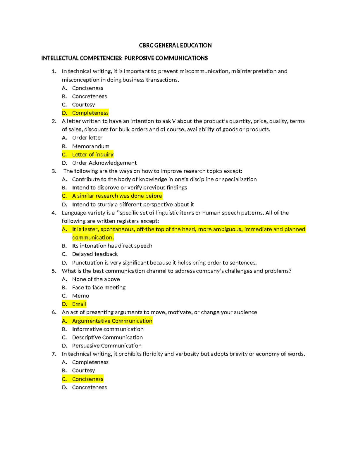 CBRC GE Purposive Communication: Key Concepts & Competencies - Studocu