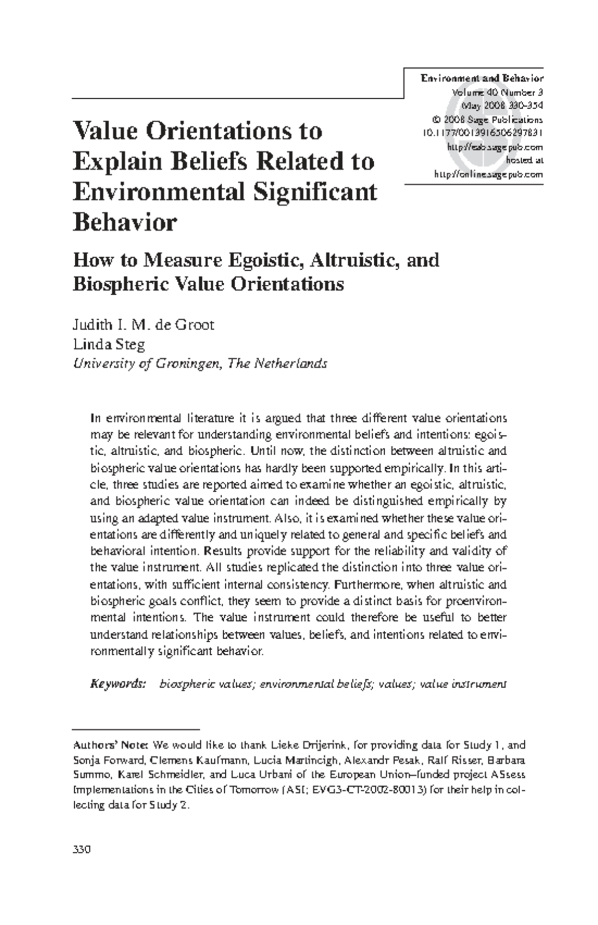 Value Orientations and Environmental Behavior: Measuring Egoistic ...