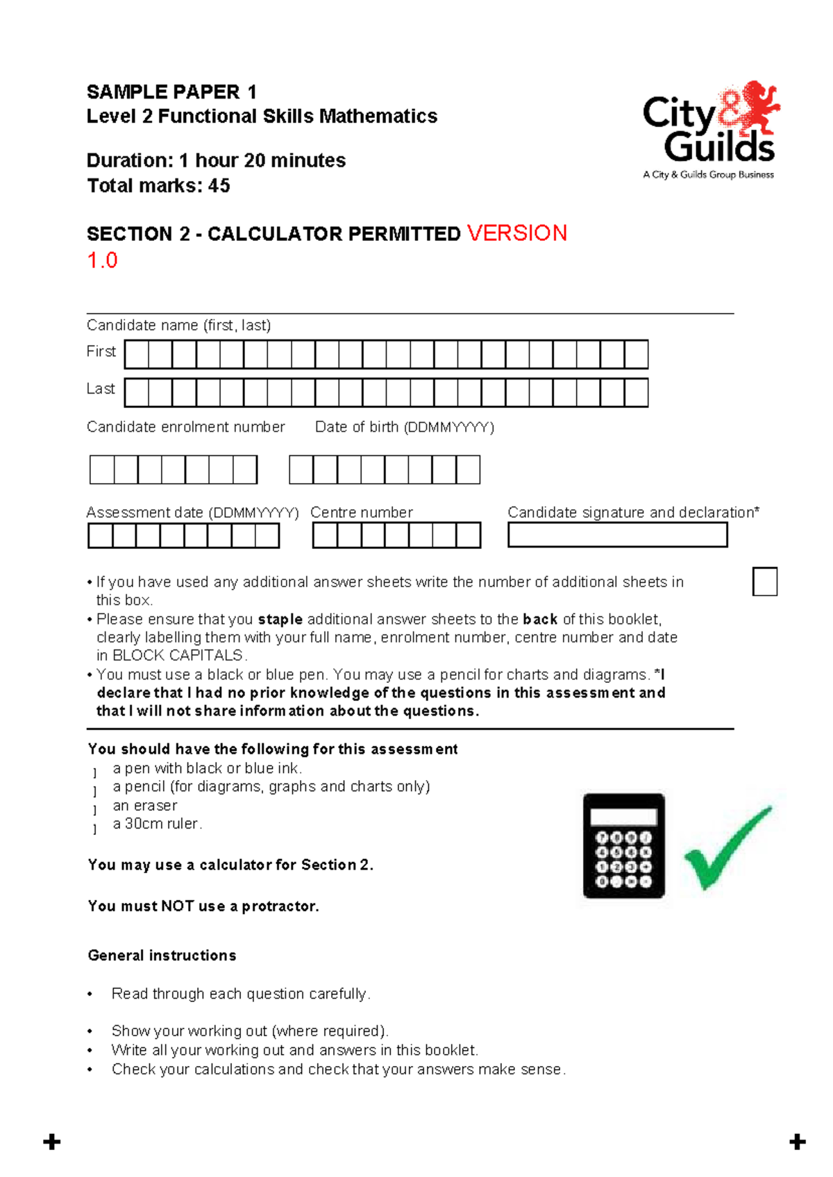 L2 Functional Skills Maths Sample Paper 1 - Calculator Version - Studocu
