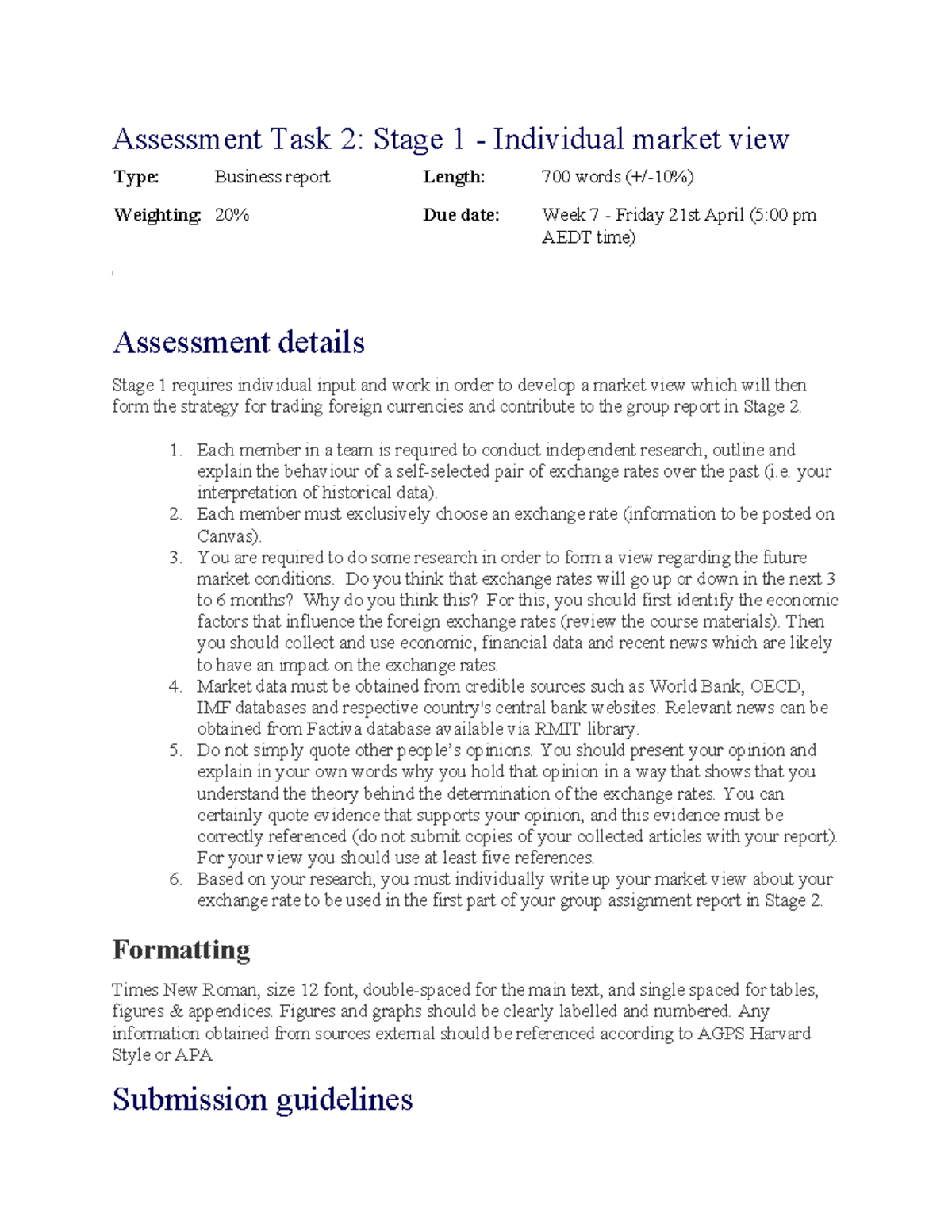 Assessment Task 2 Question - Assessment Task 2: Stage 1 - Individual ...