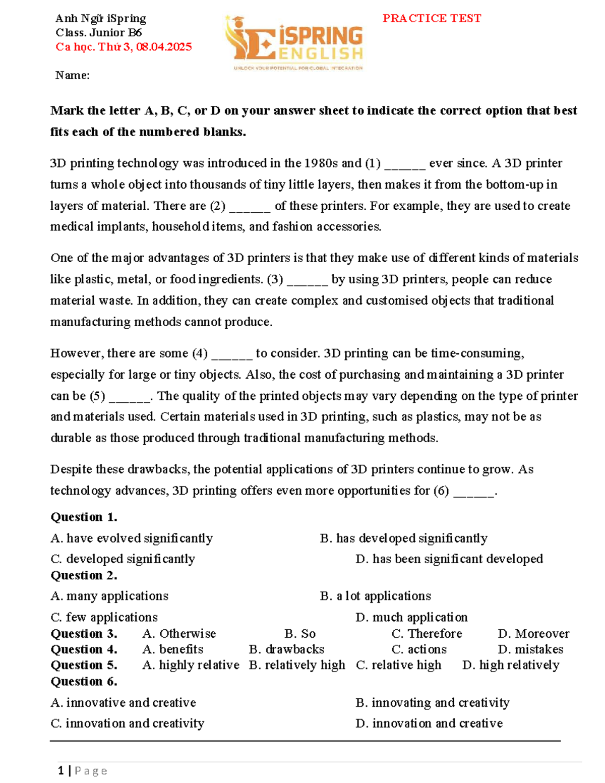 Junior B 6 Practice test Long Bien - Class. Junior B Ca học. Thứ 3 , 08 ...