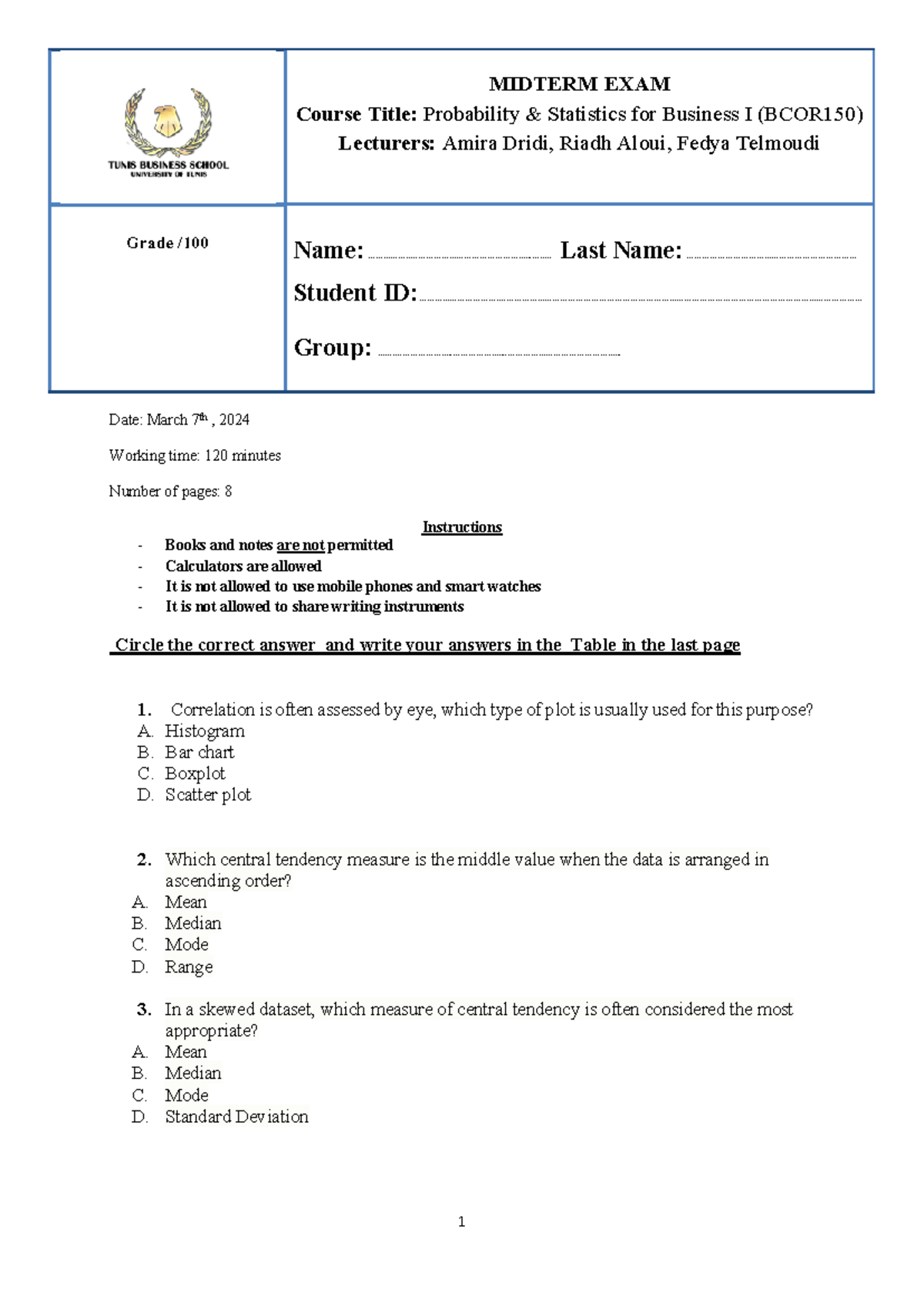 Midterm Exam Solutions for Probability & Statistics (BCOR150) 2024 ...