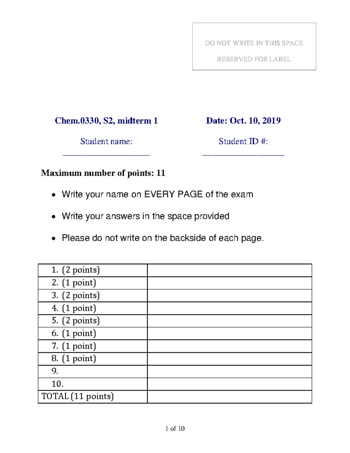 Chem.0330 S2 Midterm 1 Practice Exam - Oct 10, 2019 - Studocu
