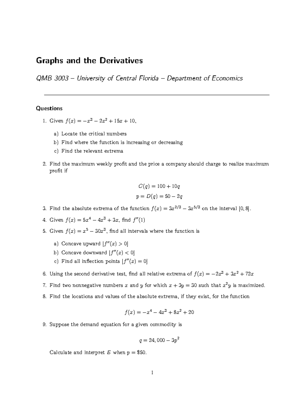 QMB 3003 - Graphs and the Derivatives Practice Problems - Studocu