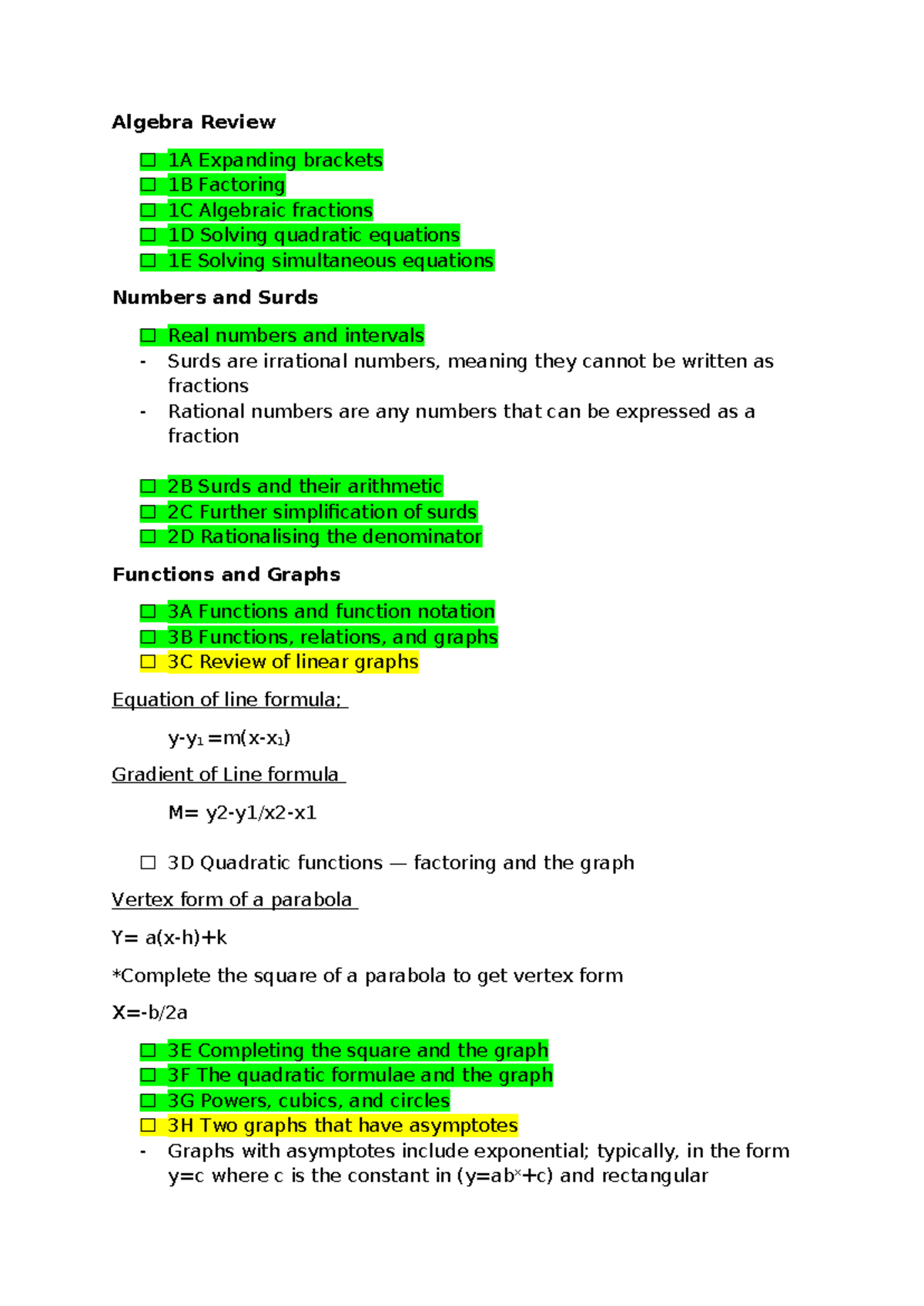 Algebra Review 1A-3H: Comprehensive Study Notes for Task 1 - Studocu