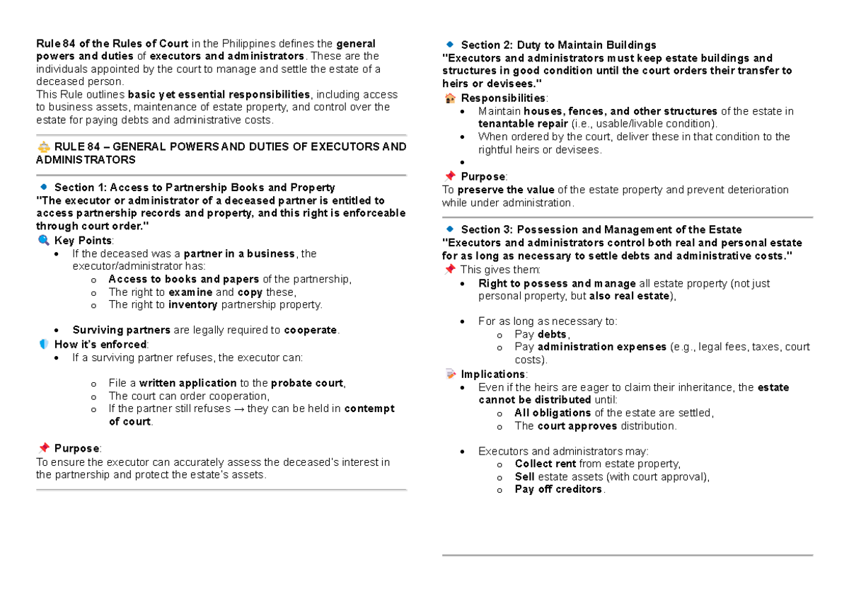 RULES 84-90: Powers, Duties, and Claims in Philippine Estate Administration - Document Preview