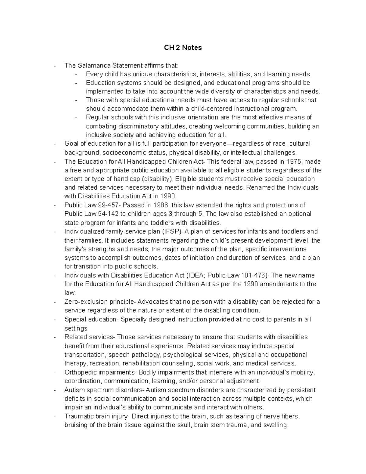CH 2 Notes - Inclusive Education and Legislation Overview - Studocu