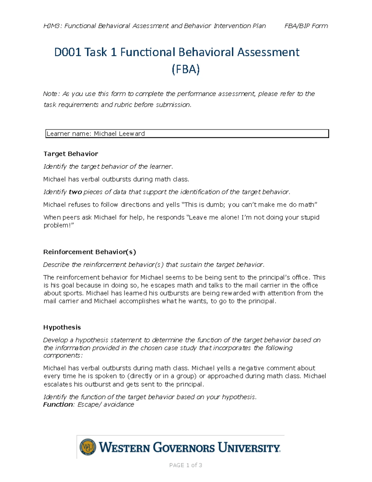 D001 Task 1 - task1 - Part 1: Functional Behavior Assessment A ...