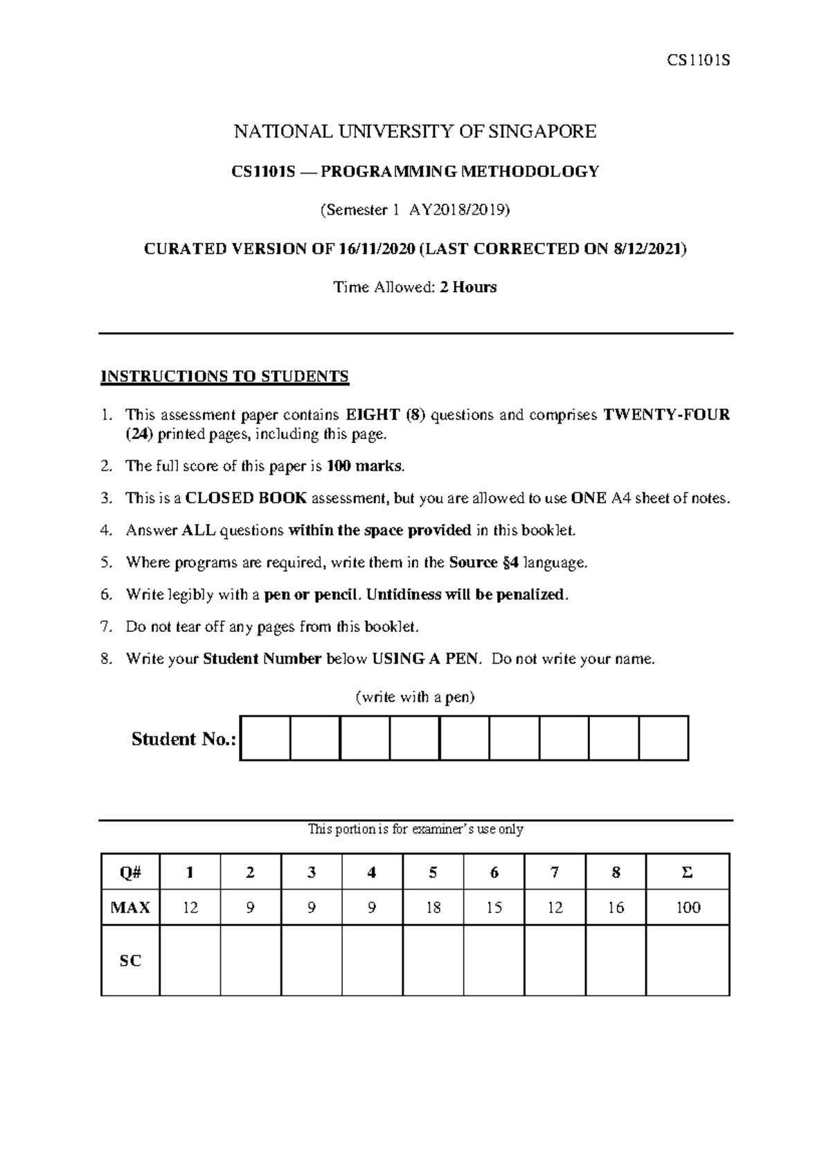 Cs1101S 1819S1 Final Exam - Programming Methodology Questions and ...