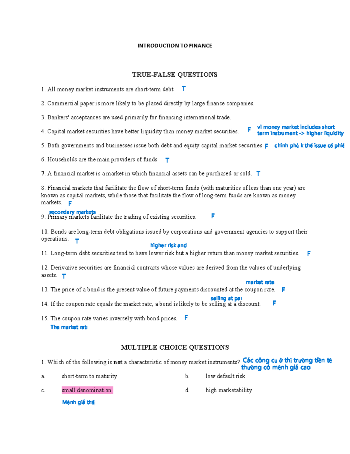 FIN 101: Chapter 5 - Money Market & Capital Market MCQs - Studocu