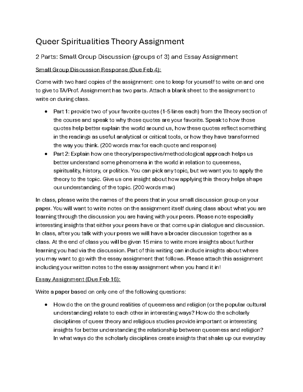 Queer Spiritualities Theory Assignment 2: Group Discussion & Essay ...