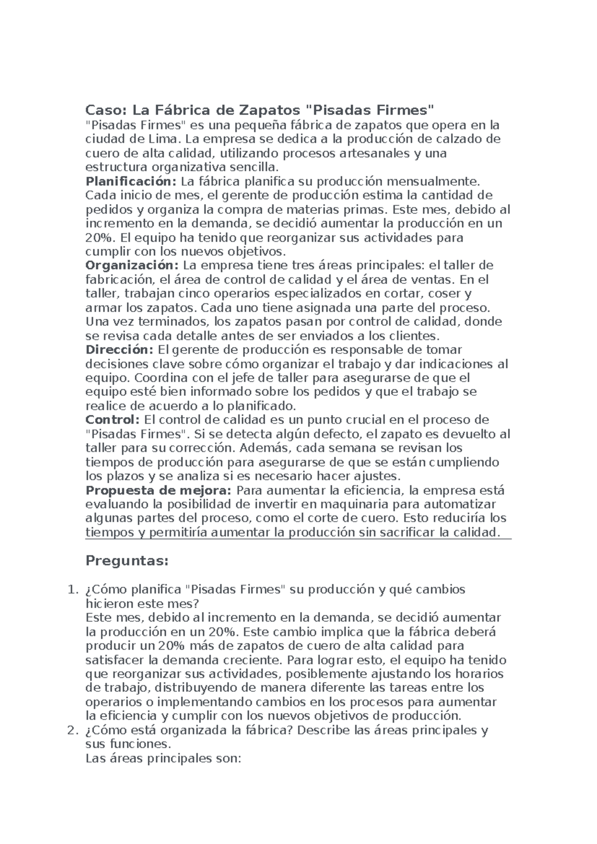 Caso resuelto - apuntes - Caso: La Fábrica de Zapatos "Pisadas Firmes ...