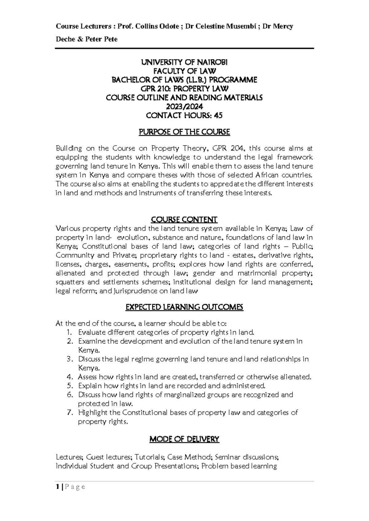GPR210: Property Law Course Outline and Reading Materials 2023/2024 ...