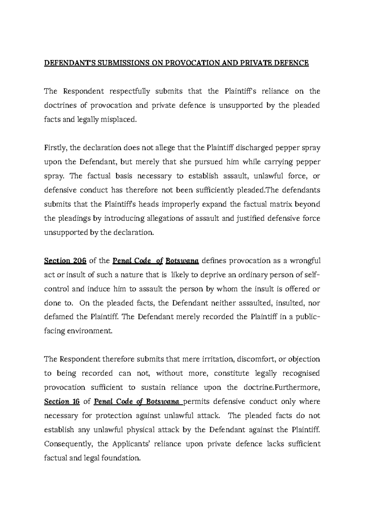 SUBMISSIONS ON PROVOCATION & PRIVATE DEFENCE: Legal Analysis - Studocu