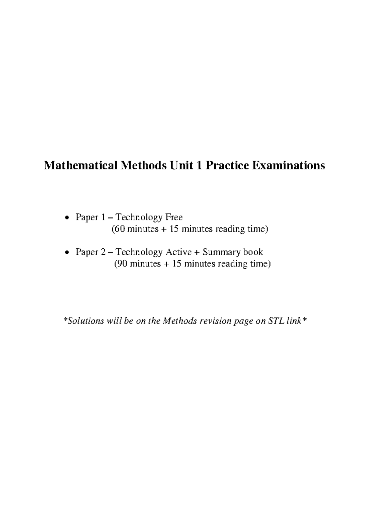 Mathematical Methods Unit 1 Exam 1 - Practice Paper & Questions - Studocu