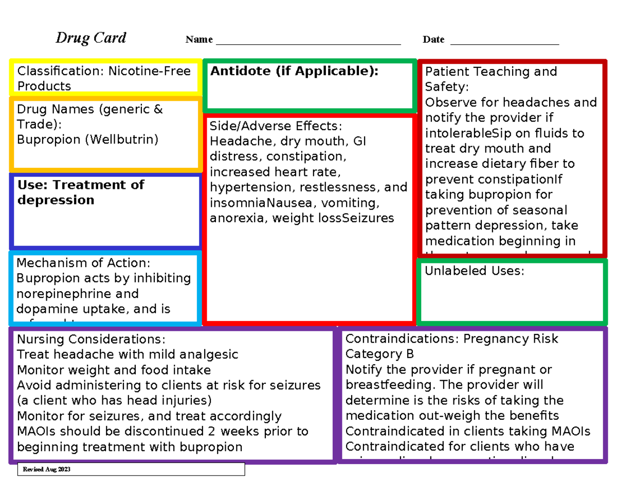 Wellbutrin (Bupropion) Drug Card: Patient Safety & Nursing Considerations -  Studocu