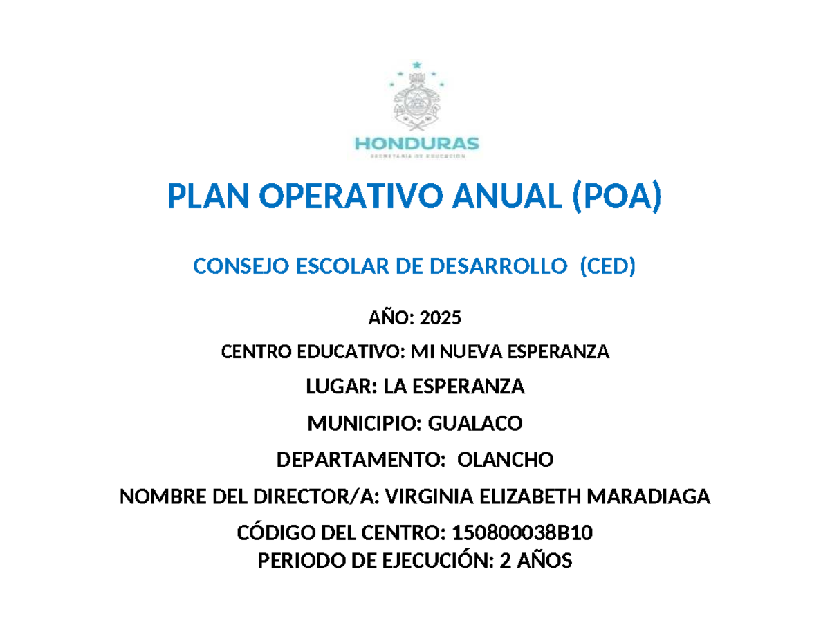 POA-CED 2025: Plan Operativo Anual para Centro Educativo - Studocu