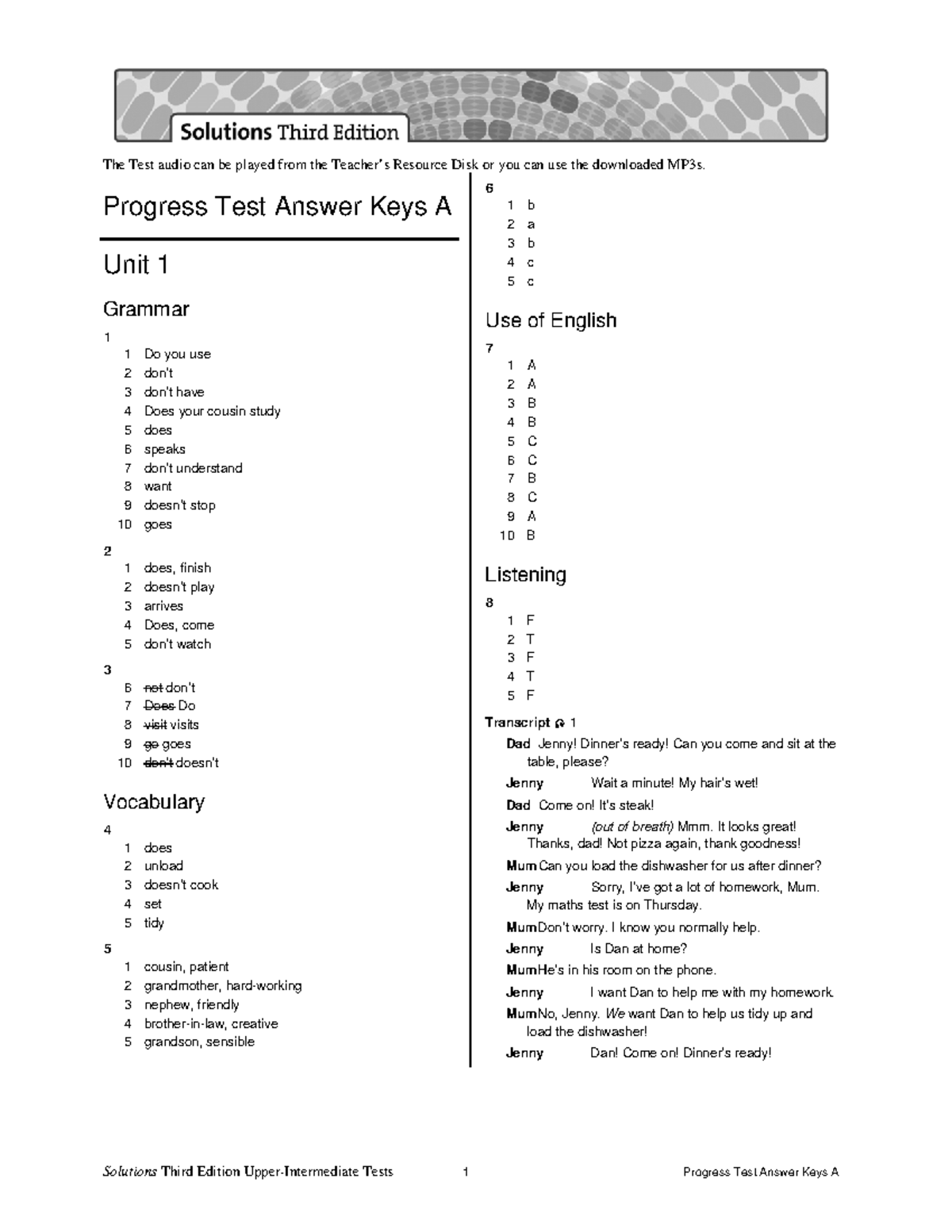 Solutions 3rd Ed. Upper-Intermediate Progress Test A Answer Key - Studocu