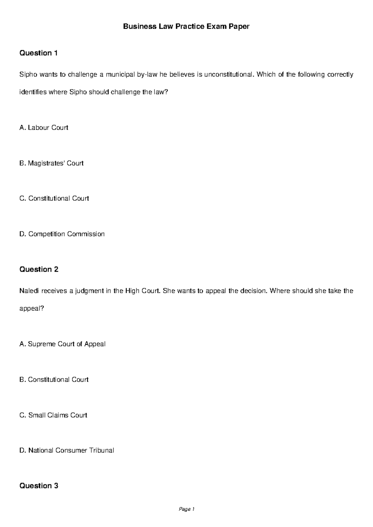 Business Law Practice Exam Paper - Test 2 Questions & Answers - Studocu