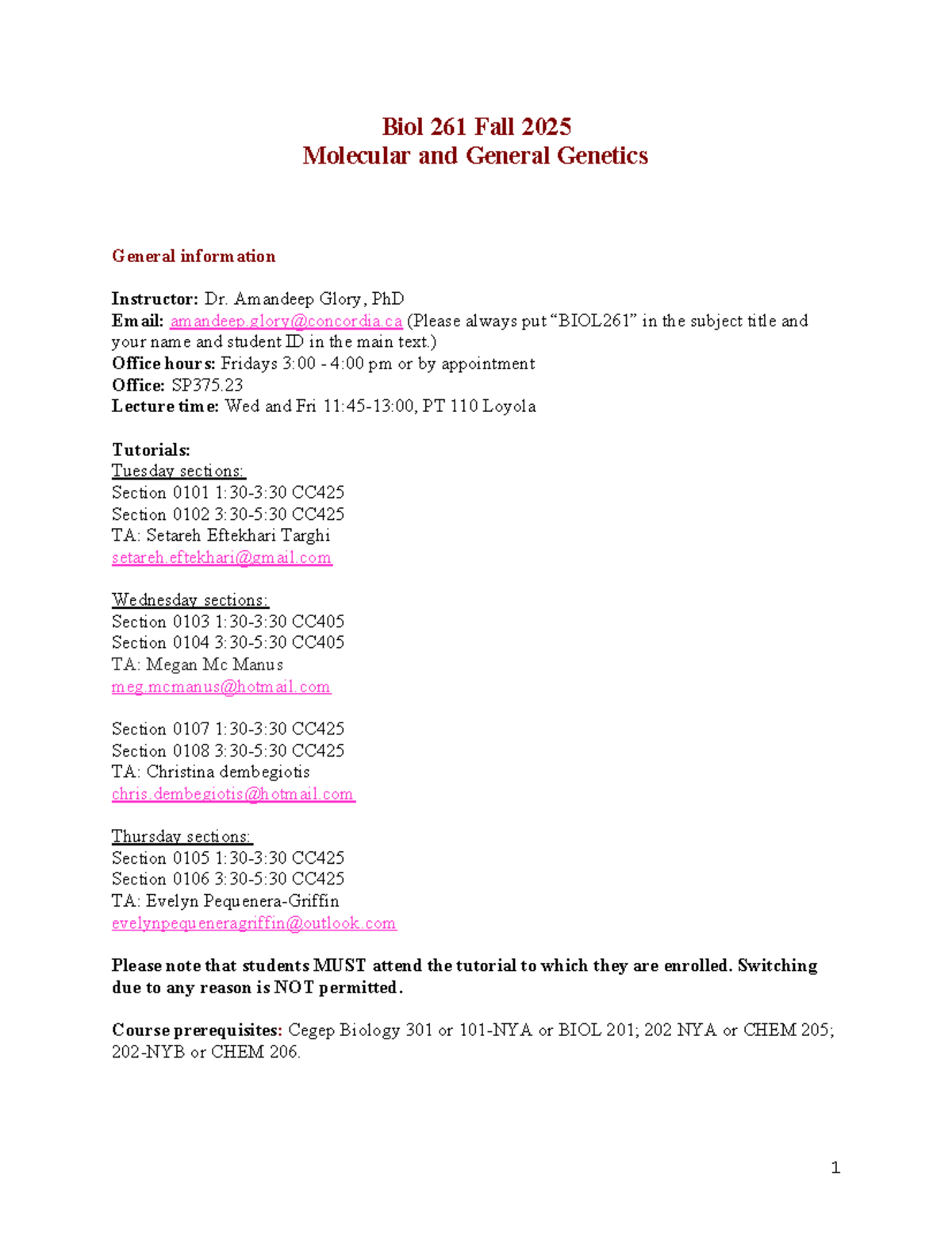 Biol 261 Fall 2025 Course Outline: Molecular & General Genetics - Studocu