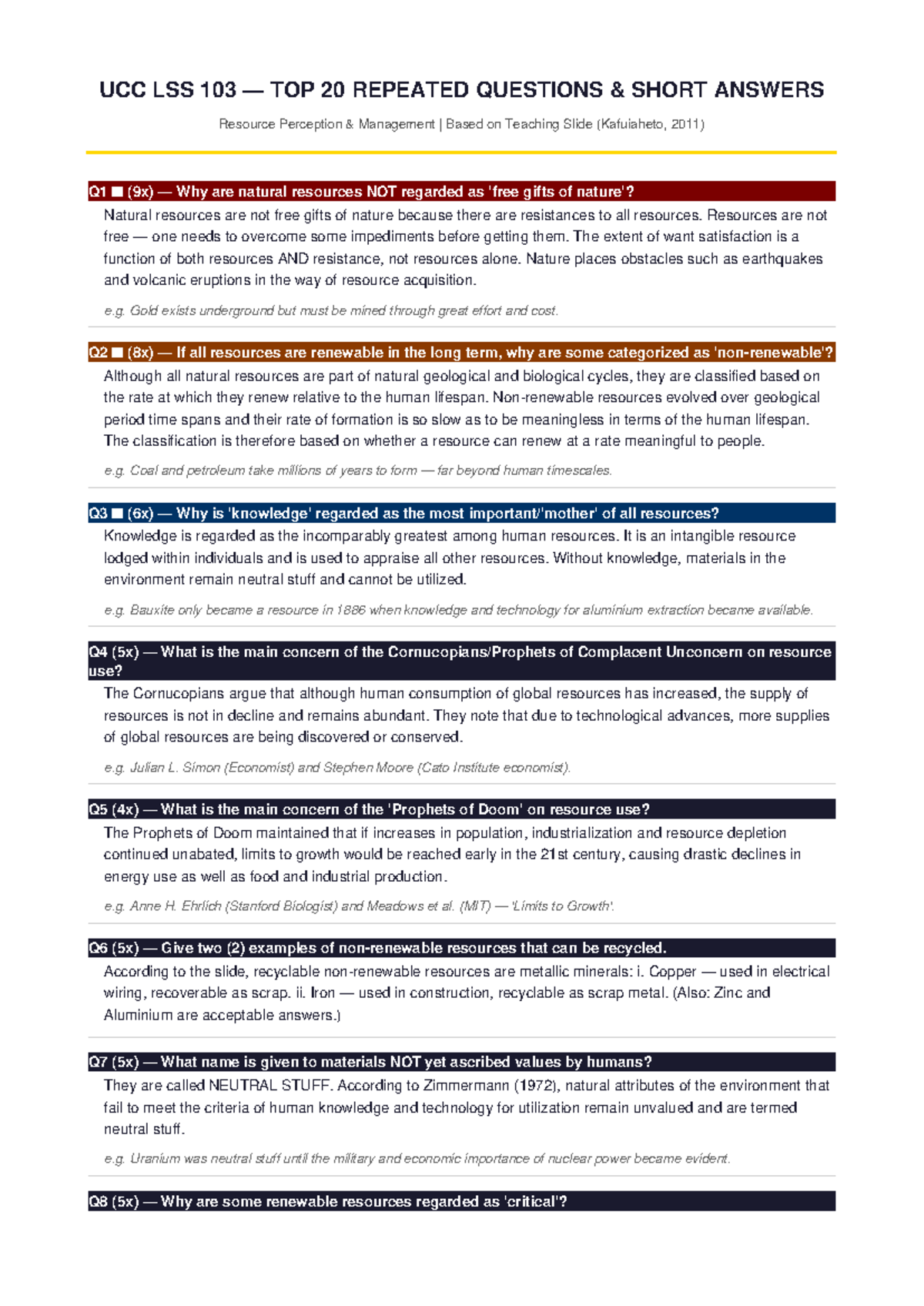 UCC LSS 103 Top 20 Repeated Questions: Short Answers on Resource ...