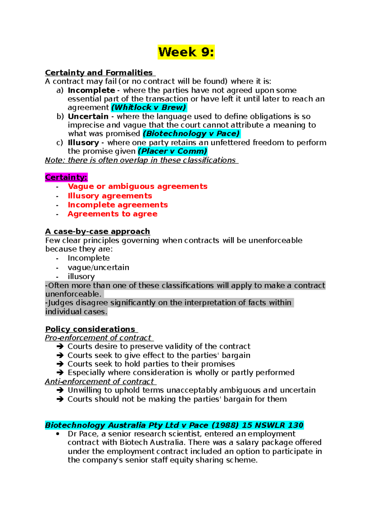 Contract Law A - Certainty + Formalities - Week 9: Certainty and ...