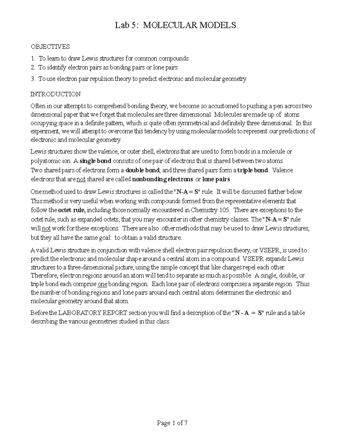 Lab 5 Molecular Models R - ####### OBJECTIVES ####### 1. To learn to ...