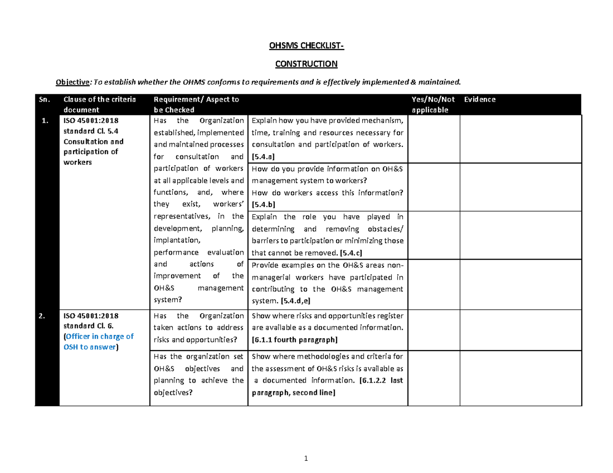 Field Operation OSH Management System Checklist - OHSMS CHECKLIST ...