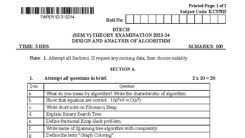 KCS503 B.Tech (Sem V) Theory Exam: Design & Analysis of Algorithms ...