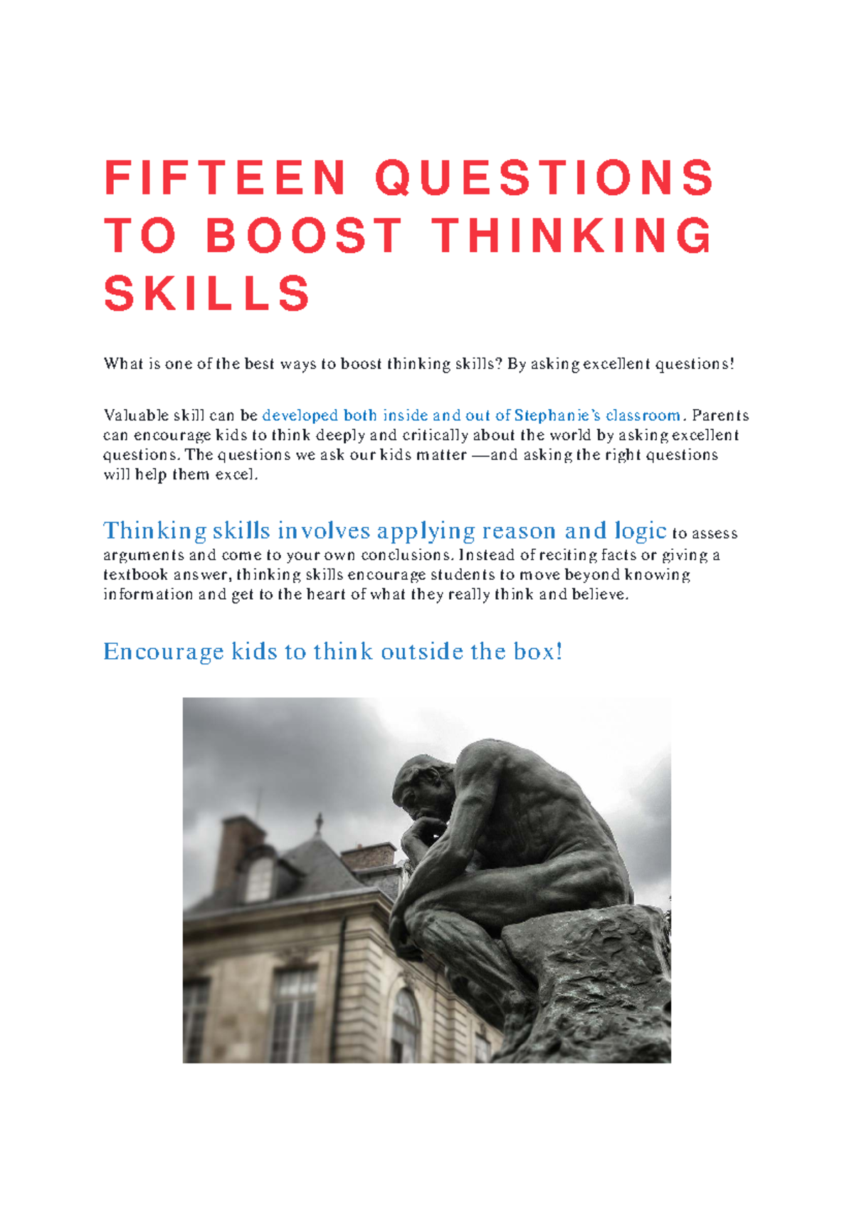 FIFTEEN QUESTIONS TO ENHANCE THINKING SKILLS - Studocu