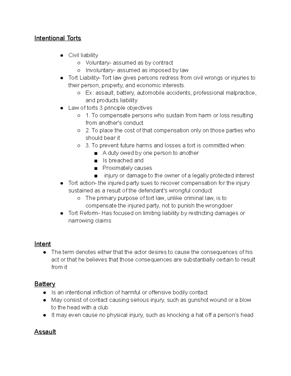 Legal and ethics study guide - Intentional Torts Civil liability ...