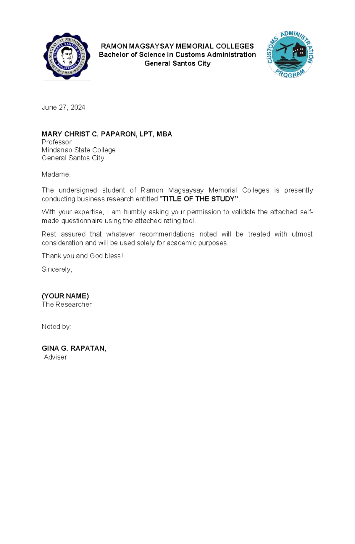 Validation-letter - THESIS VALIDATION LETTER - Bachelor of Science in ...