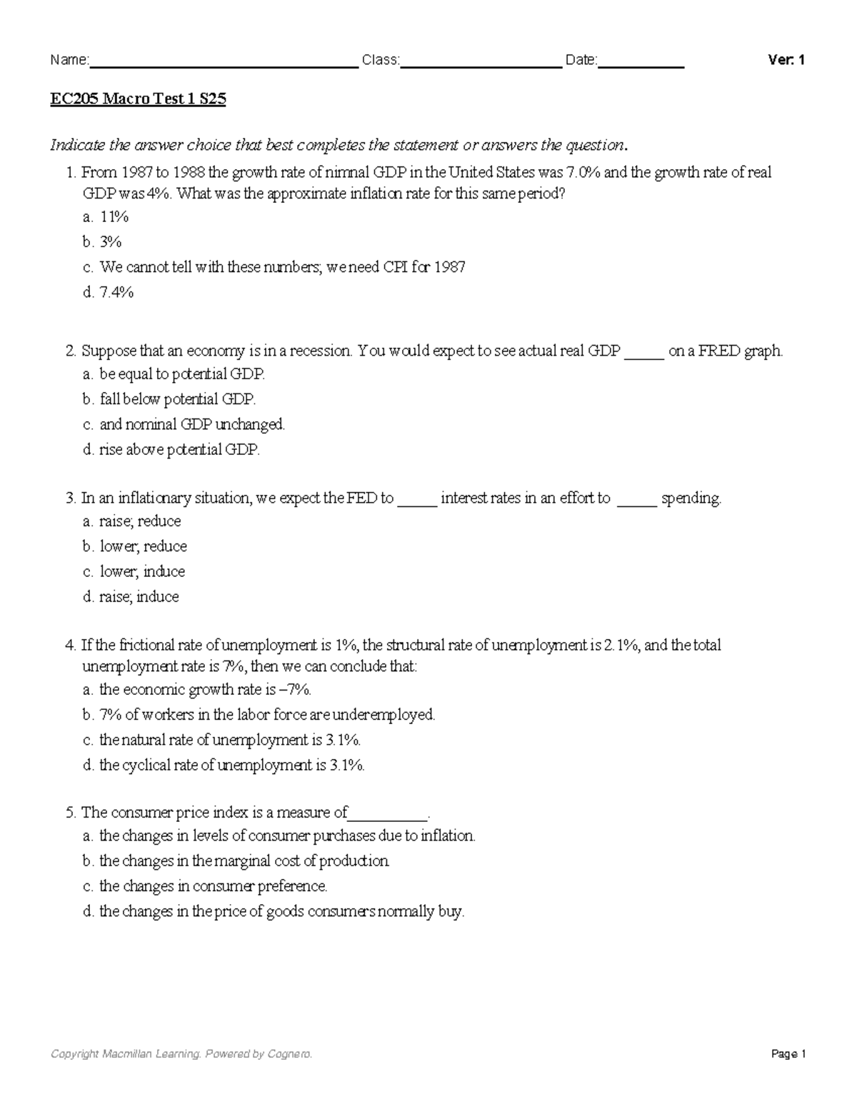 EC205 Macro Test 1: Key Concepts on Inflation & Unemployment - Studocu