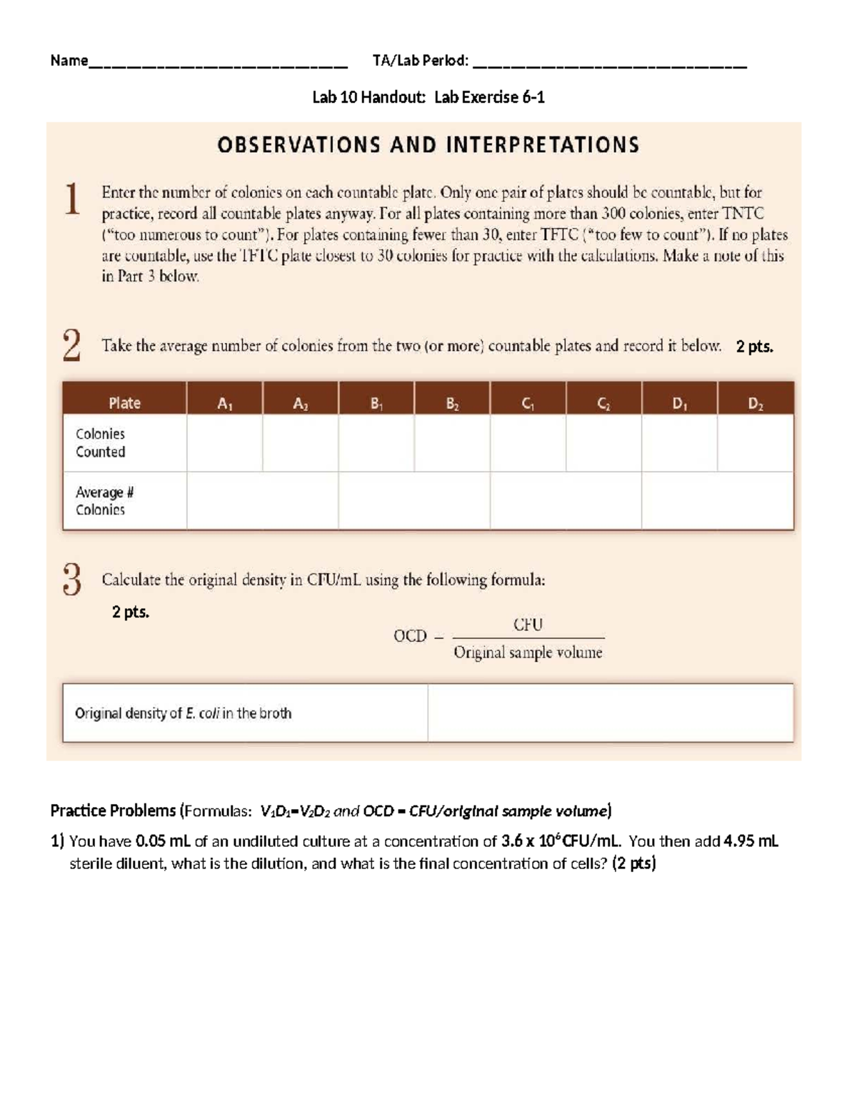 Lab 10: Microbio Lab Handout - Exercise 2 Practice Problems - Studocu