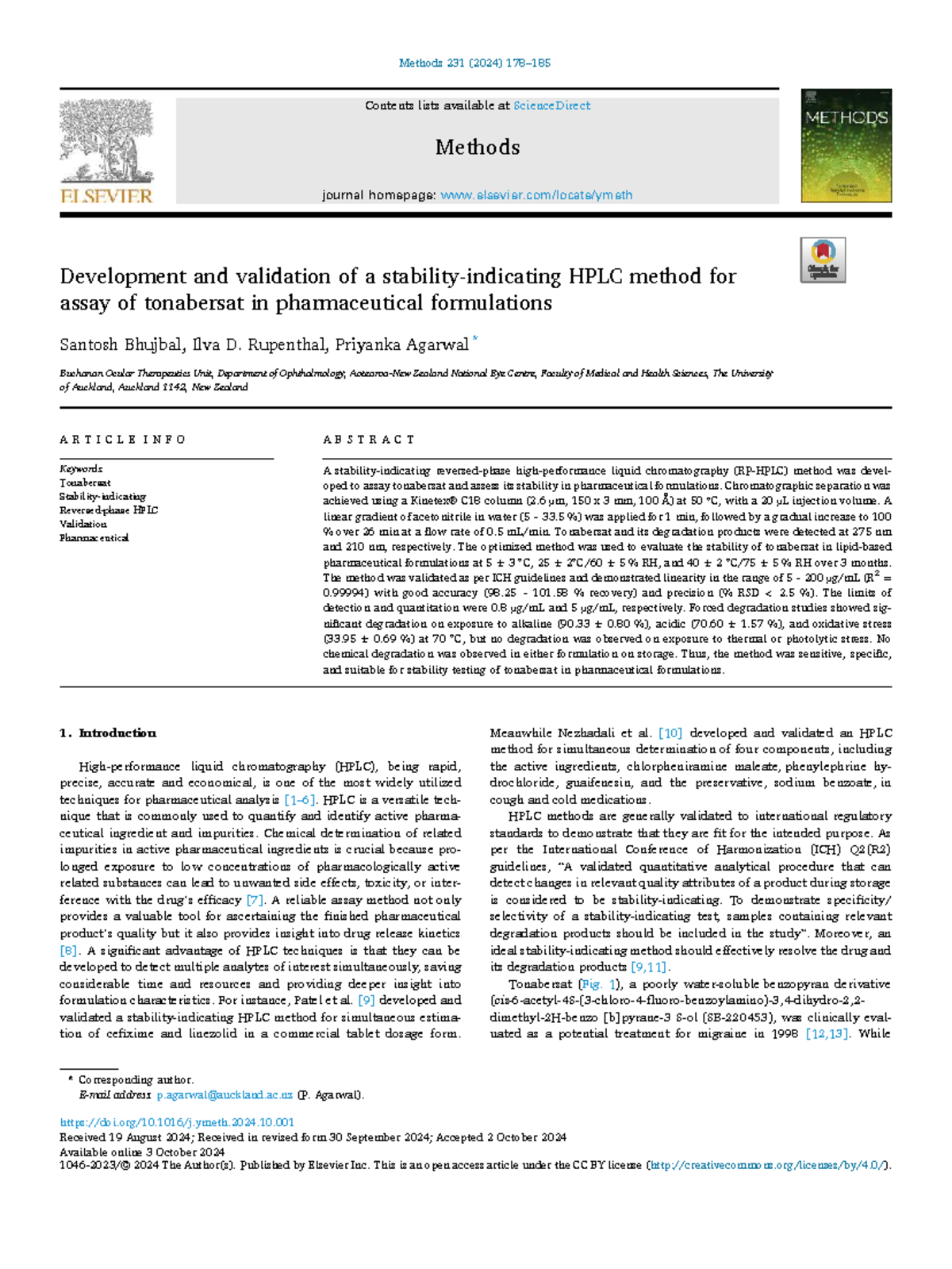 Development and Validation of HPLC Method for Tonabersat Assay (Methods ...