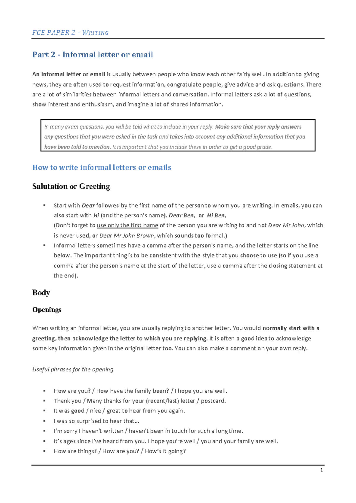 FCE Paper 2 - Informal Letter and Email Writing Techniques - Studocu