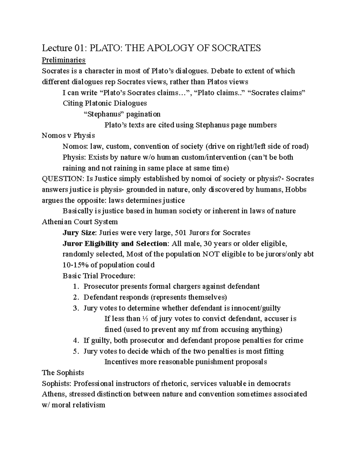 Pol 004 Lecture Notes: The Apology of Socrates & The Republic, Book I ...