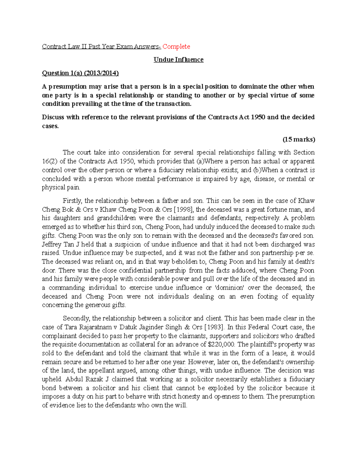 Contract Law II Final Exam Past Year Q&A on Undue Influence - Document Preview