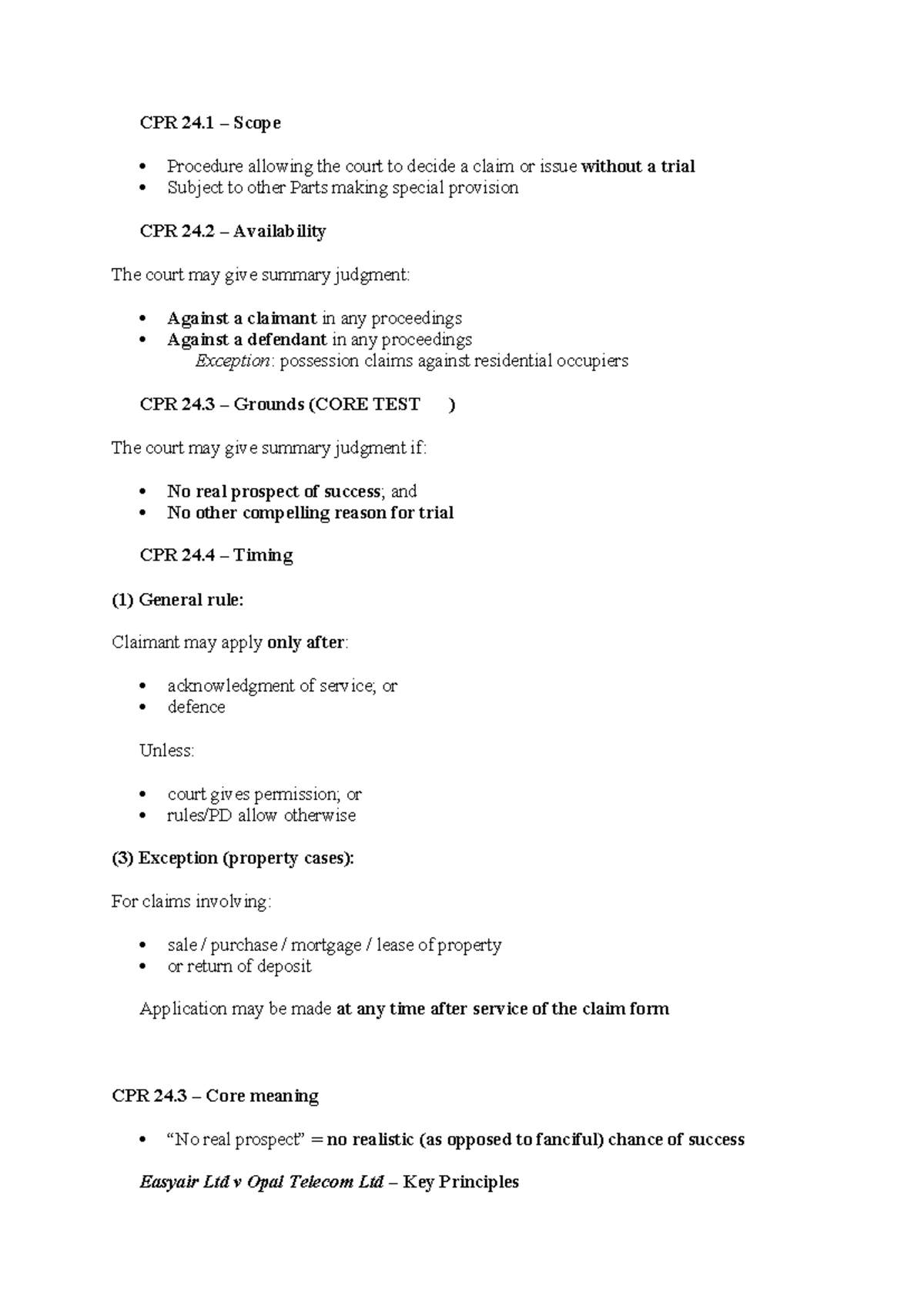 CPR 24 - Summary Judgment Procedure Notes - Studocu