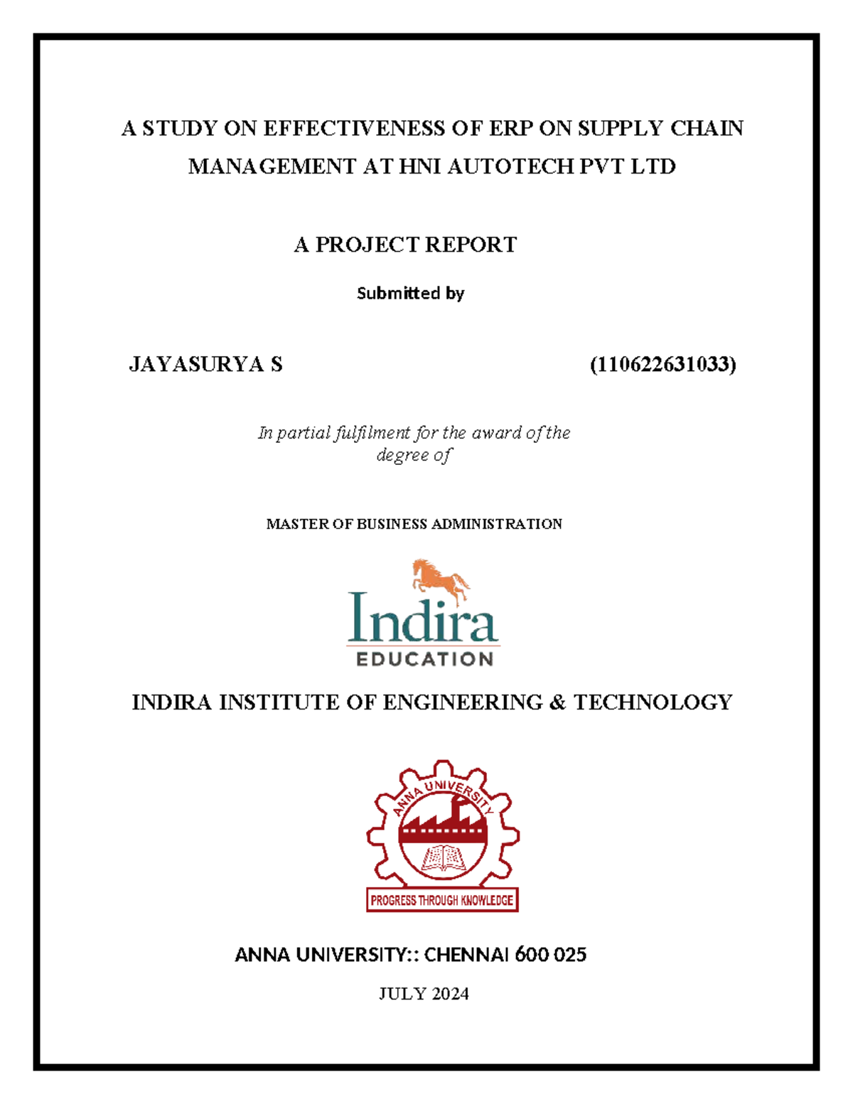 Effectiveness of ERP in Supply Chain Management - MBA Project Report ...