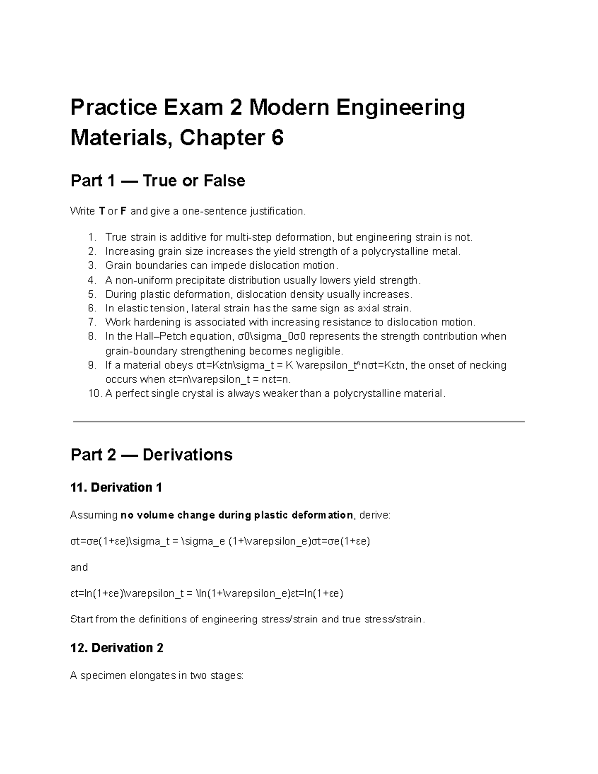 Modern Engineering Materials Practice Exam 2: True/False & Derivations ...